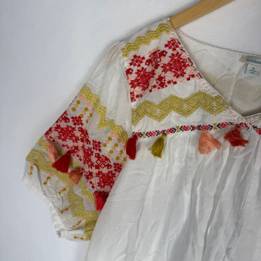 Sundance Ellora Embroidered Cotton Tassel Peasant Top White XL Boho V-Neck - Picture 10 of 14